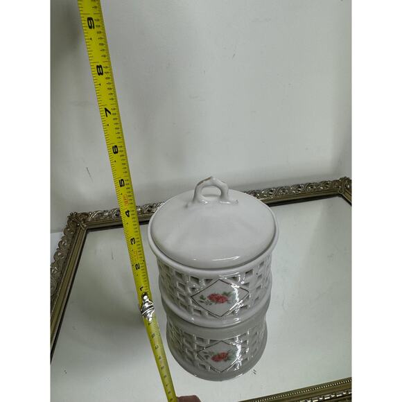 Beautiful Vintage Lattice Porcelain Floral Lidded Jar Vanity Trinket Dish - Picture 7 of 8